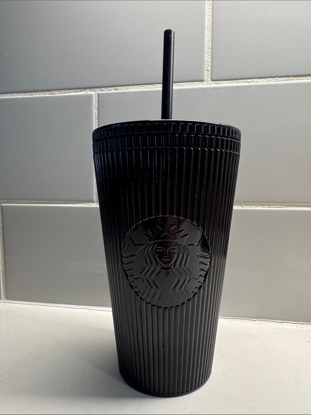 Starbucks Black Ribbed Travel Tumbler with Straw